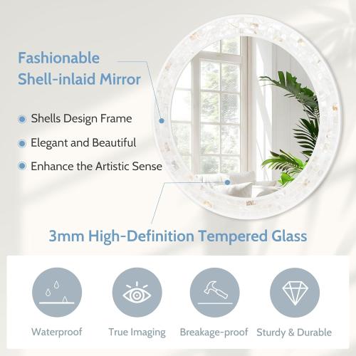 Tanmicoshomy 36 Inch Large Round Mirror, Natural Shell Inlay Framed Large Circle Mirrors with Shatterproof Glass for Bathroom Bedroom Living Room or Entryway (White)