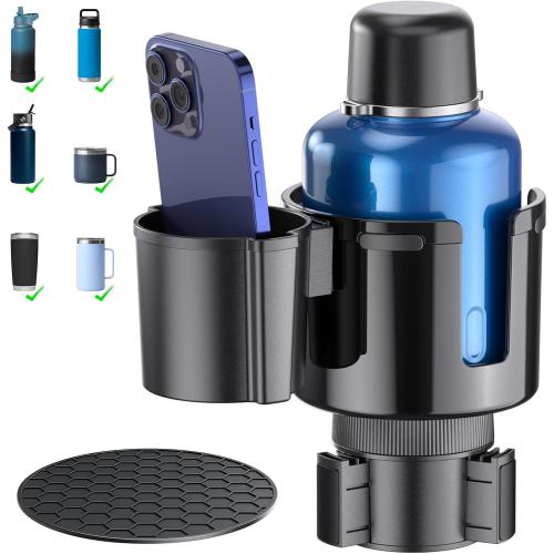 2-in-1 Car Cup Holder Expander, Upgraded Cup Adapter for Car with Offset Option,Phone Holder - Adjustable Base,Versatile Car Accessories Fits Yeti,Hydroflask & Large Water Bottles in 2.2-4.2 (Black)