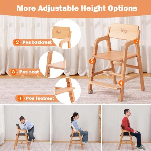 Swegrow Wooden High Chair with 2 Wheels, Adjustable Seat - Backrest - Footrest Heights, Wooden High Chair for Toddlers - Kids and Baby, Kids Dining Chair with Removable Cushion(Gray)