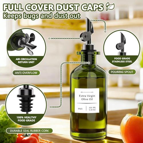 COOLMI Oil Dispenser for Kitchen - 12oz/350ml, Set of 2 Extra Thick Food Grade Glass Olive Oil Dispenser Bottle with Cleaning Brush, Stickers and Funnel (Black)