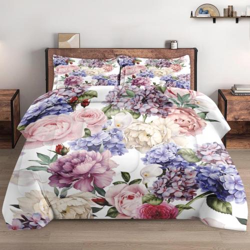 White and flowers King Size Comforter Set with 2 Pillowcases, Painting Floral Rose Flower Hydrangea Soft 3 Pcs Bedding for Kids and Adults Bedroom Bed Decor
