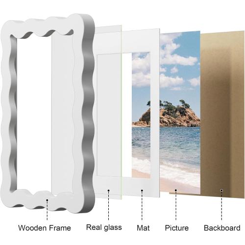 11x14 Picture Frame with Mat for 8x10, Wavy Edge Wooden Real Glass Photo Frame for Wall Hanging, White, 1 Pack