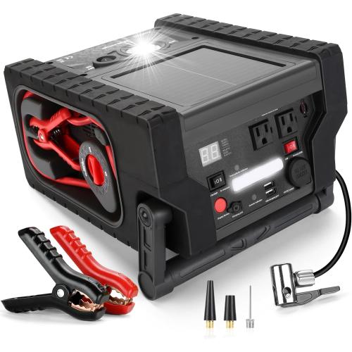 2000A Car Battery Jump Starter with Air Compressor 12V Battery Jumper Box Car Start Booster Up to 10L Gas/8L Diesel Engines with 400W AC Inverter, LED Light