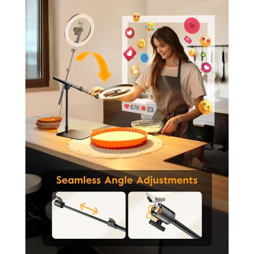 Ring Light with Stand for Desk,Adjustable Overhead Phone Mount with 10 Ring Light Tripod for iPhone,Phone Tripod with Light and Remote Phones Holder for Video Recording,Live Stream,Cooking Video