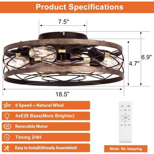 SHLUCE Small Fandelier Caged Ceiling Fan with Light, Farmhouse Low Profile Flush Mount Ceiling Fans with Lights and Remote, Rustic Bladeless Ceiling Fan with Light for Kitchen, Bedroom, Living Room