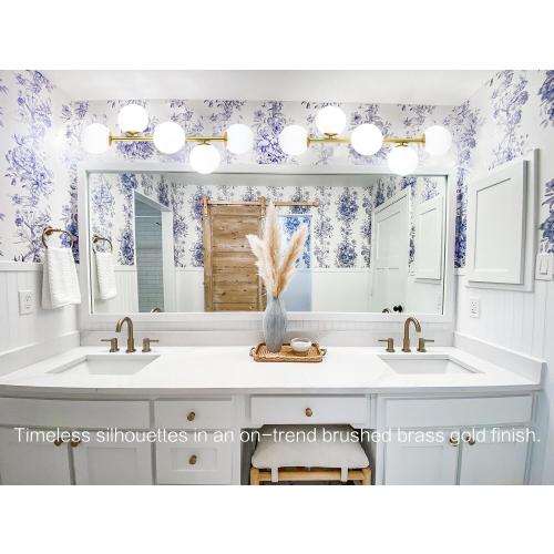 Mid Century Modern Bathroom Vanity Lights, 5-Light Bathroom Light Fixtures Brass Gold Bathroom Lights Semi-Flush Mount Ceiling Light, Gold Wall Sconce Wall Light with Globe Frosted Milk Glass, G9 Base