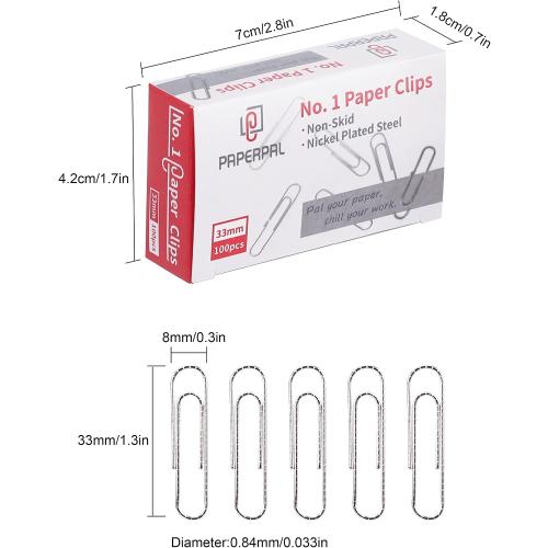 PAPERPAL Paperclips for Office School & Personal Use, #1 Nonskid Paper Clip (1-2/7), 600 Medium Paper Clips (6 Boxes of 100 Each), Silver