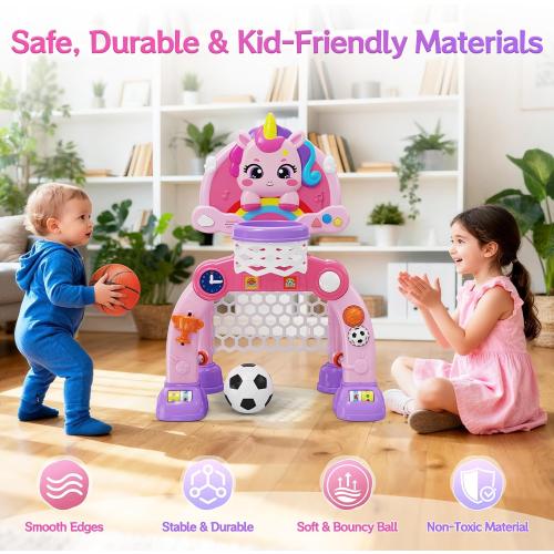 Unicorn Toddler Basketball Hoop & Soccer Goal with Light & Music, 2-in-1 Sports Toy for 1-3 Year Old Boys & Girls, Toys for 1  Year Old Girls, Birthday for Baby Kids