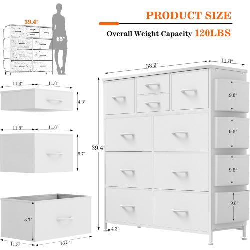 Lulive White Dresser for Bedroom with 10 Drawers, Chest of Drawers with Side Pockets and Hooks, PU Storage Dresser, Organizer Unit for Living Room, Hallway, Closet (White)