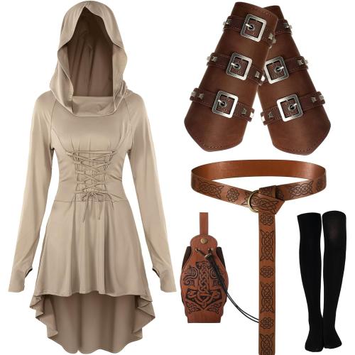 Suhine 5 Pcs Renaissance Women Costume Medieval Hooded Robe Carnival Vintage Faux Leather Arm Pouch Belt for Cosplay Party