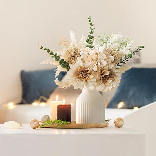 Mkono Fake Flowers in Ceramic Vase, 14 Coffee Table Centerpieces, Brown