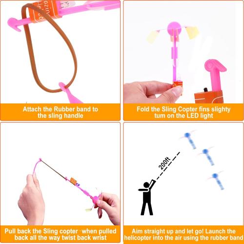 25 Sets LED Flying Set, 25 Slingshot 25 Glow Helicopter-50 Pcs, Flying Toy Outdoor Toys Glow in The Dark Party Supplies Party Favors for Kids 8-12,4-8