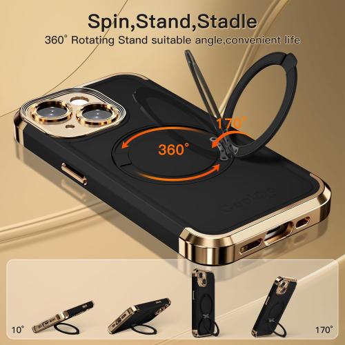 COOLQO for iPhone 15 Case 6.1'' Upgraded 360° Spin Magnetic Stand [Compatible with Magsafe][Military Protection] Plating Matte Scratch-Resistant Back Protective Shockproof Phone Case, Black Gold