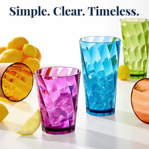 US Acrylic Optix Plastic Reusable Drinking Glasses (Set of 16) 14oz Rocks & 20oz Water Cups in Jewel Tone Colors | BPA-Free Tumblers, Made in USA | Top-Rack Dishwasher Safe