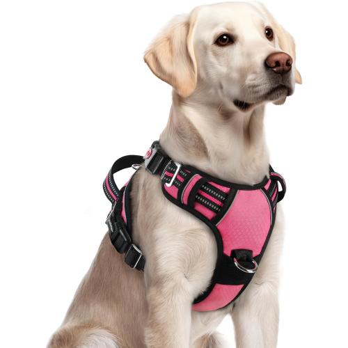 rabbitgoo Dog Harness for Large Dogs, No Pull Pet Vest with 3 Buckles, Adjustable Soft Padded Pet Harness with Easy Control Handle and Reflective Strips, Pink, L