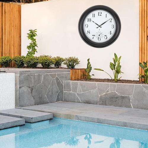 Atomic Outdoor Wall Clock  Sealed Outdoor Waterproof Clock with Temperature, Auto-Set Time, Easy to Read - Large Patio, Pool Clock for Outside, Backyard, Garden