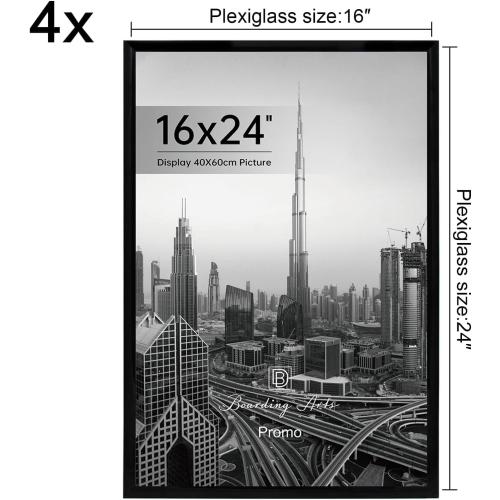 Boarding 16X24 Poster Frame 4 Pack, Scratch-Proof Picture Frames for Photo Gallery, Slide-In Strips,Photo Frames 16 x 24 for Horizontal or Vertical Wall Display, Black