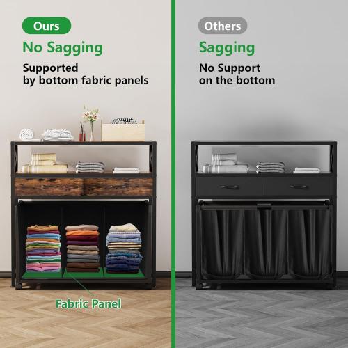 Laundry Hamper 3 Section, 150L Rolling Laundry Sorter Basket with 2 Shelves and 2 Drawers, 3 Compartment Clothes Organizer Cart with Wheels, Pull-Out Bags for Laundry Room, Bathroom, Bedroom