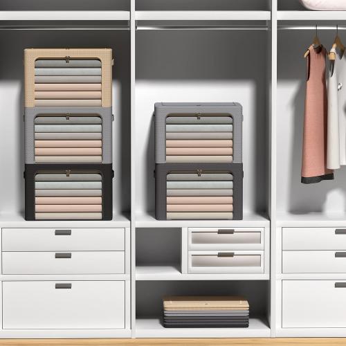 CYhom 3Pack Frame Storage Box - Clothes Storage Bin Bags Oxford Fabric Foldable Stackable Container Organizer Set with Clear Window & Carry Handles (Beige, Medium-44L)