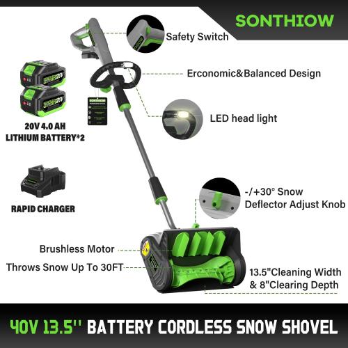 40V Brushless Cordless Snow Shovel, 13.5Inch Electric Snow Blower with 2X 4.0Ah Batteries & Quic Charger, Battery-Powered Snow Removal with 16.5FT Throw Distance for Patio, Deck, Driveway