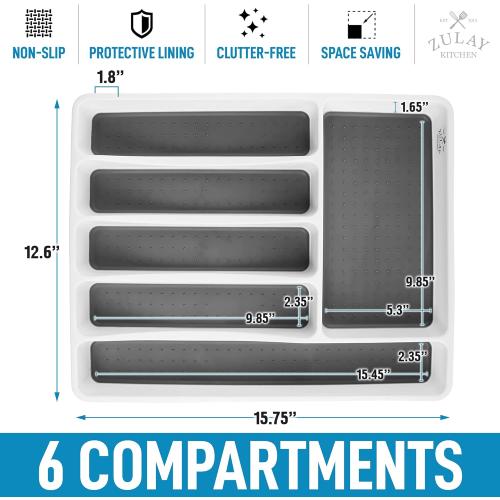 Zulay Kitchen Silverware Organizer Tray - 6-Compartment Non Slip Kitchen Utensil Organizer With Soft-Grip Interior Lining - Space Saving Utensil Drawer Organizer For Drawer & Silverware Holder