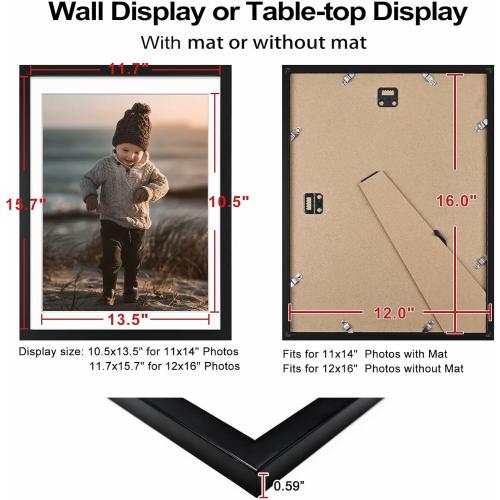 KINLINK 12x16 Picture Frame Black, Wooden 16x12 Photo Frames with Plexiglass for 11x14 Picture with Mat or 12x16 Without Mat, Perfect for Art Wall and Tabletop Display 12 x 16 frame Set of 4