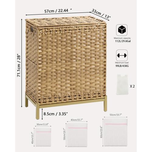 Laundry Hamper with Lid, 112 L Handwoven Rattan Wicker Laundry Basket, 2 Removable Liner Bags Metal Heightened Feet, 6 Mesh Bags, 2 Section Large Clothes Hamper for Bathroom Bedroom, Natural