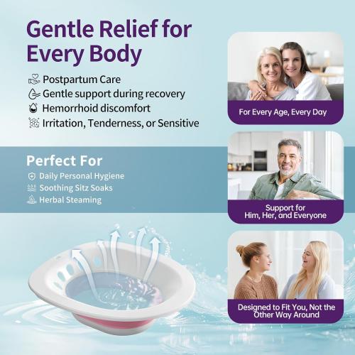 RUGUO Sitz Bath for Toilet Seat - Yoni Steam Seat - Sitz Bath for Hemorrhoids and Postpartum Care - Portable Bidet BPA Free - Foldable Basin for Epsom Salt Soak - Pink