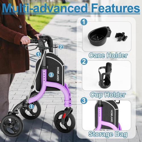 3 Wheel Walkers for Seniors, Foldable Wheeled Rollator with Cane Hold and Cup Hold, Lightweight Three Wheel Rolling Walker Height Adjustable for Seniors
