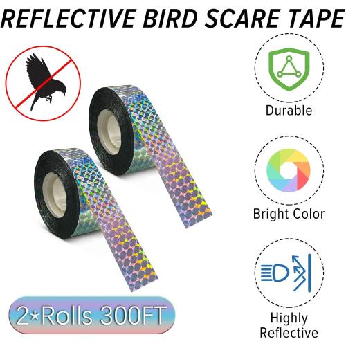 MP mypole Bird Scare Tape Ribbon, 2 * 300 Foot Reflective Tape Ribbon for Birds Woodpecker Scare Reflective Flash Tape Scare Birds Away for Outdoor, House, Garden, Patio, Orchard