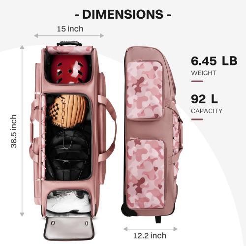 AUROTIER Large Rolling Baseball Catchers Gear Bag with Wheels, Wheeled Softball Bag for 4 Bats with Fence Hooks Waterproof Pocket Shoe Compartment for T-Ball Adult, Baseball Equipment Duffle Bag