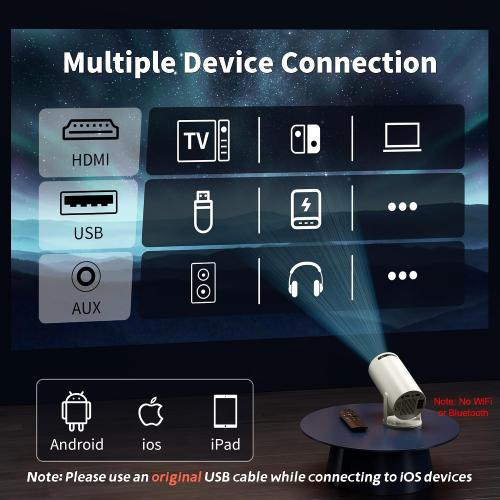 Mini Projector Portable Proyector 4K Support, Native 720P Small Projector with 270° Rotatable Stand, Compatible with TV Stick/Smartphone/HDMI/USB for Bedroom/ Outdoor Camping (No WiFi or Bluetooth)
