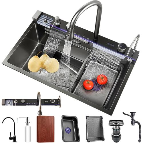 Stainless Steel Flying rain Waterfall Gray-black Drop in Kitchen Sink Workstation Kitchen Sink with Multifunctional Faucet