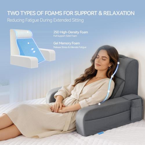 Kayfia Reading Pillow, 10 in 1 Back Pillow for Bed Sitting up with Detachable Arms Rest, Back Rest with Gel Memory Foam, Reading/Gaming/Working in Bed or Couch 19, Gray