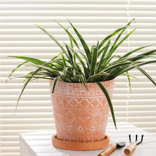 Cedilis 2 Pack Terracotta Pots, 5 Inch Red Clay Planter Pots with Drainage and Saucers, Ceramic Pottery Succulent Planter, Garden Cactus Flower Planters with White Geometric Designs