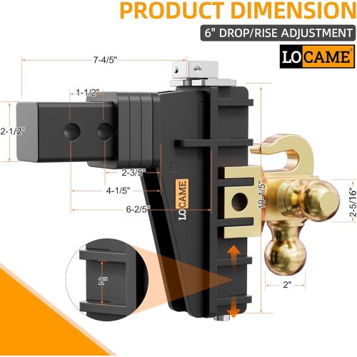 LOCAME Adjustable Trailer Hitch with Hook, Tri-Ball (1-7/8, 2, 2-5/16) Drop Hitch, Fits 2.5 Inch Receiver, 6 Drop Down Hitch, 18,500 LBS Heavy Duty Truck, Solid Ball Mount, Gold, LC0085