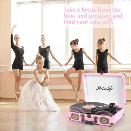 Vinyl Record Player 3-Speed Bluetooth Suitcase Portable Belt-Driven Record Player with Built-in Speakers RCA Line Out AUX in Headphone Jack Vintage Turntable Pink