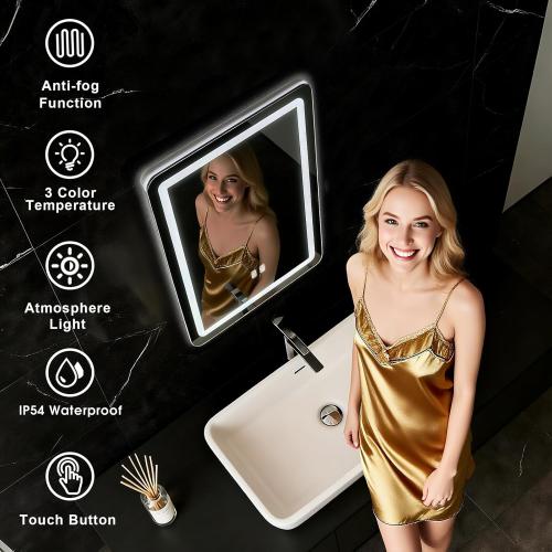 LED Bathroom Mirror, 16 x 24 Inch Anti-Fog Bathroom Mirror with Lights, Stepless Dimmable Lighted Bathroom Mirrors for Wall, Rectangle Bathroom Vanity Mirror with Front and Backlight, Vertically Only