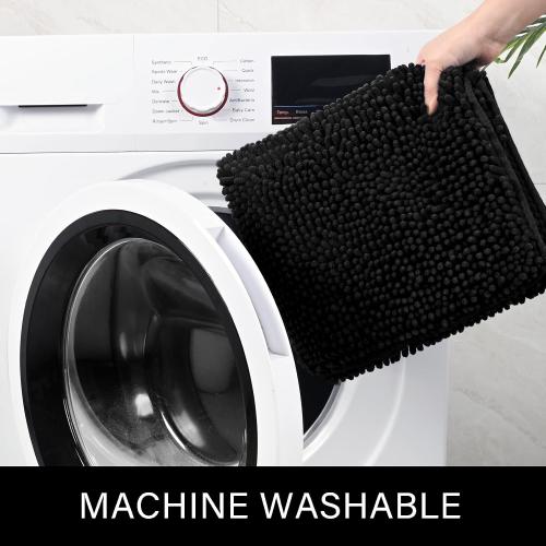 LOCHAS Luxury Bathroom Rug Shaggy Bath Mat 24 x 60 Inch, Washable Non Slip Bath Rugs for Bathroom Shower, Soft Plush Chenille Absorbent Carpets Mats, Black