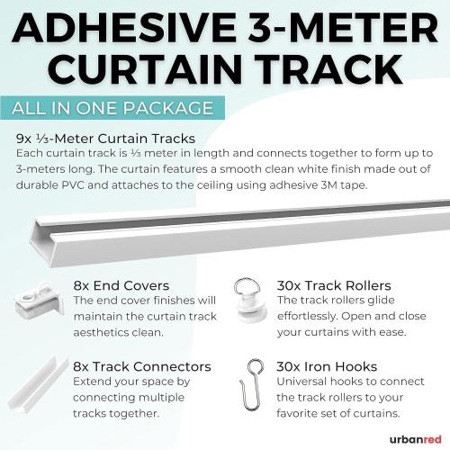 UrbanRed Self Adhesive Ceiling Curtain Track Ceiling Mount, Track for Curtains 9.8FT (3m) for Smooth Wall - No Drill, Screws, Adhesive Curtain Rod (Non-Flexible)