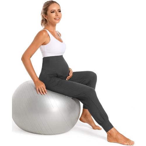 V VOCNI 2pk Women's Large Black and Gray Maternity Pants Maternity Activewear Jogger Track Cuff Sweatpants Over The Belly Stretchy Pregnancy Pants