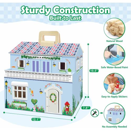 DIY Wooden Dollhouse with 3 Sticker Sheets – Create 2 Styles (White & Pink), Foldable Design with Portable Handle & Metal Lock, 4 Rooms, 16 pcs Furniture, 2 Dolls, Gift for Kids Ages 3