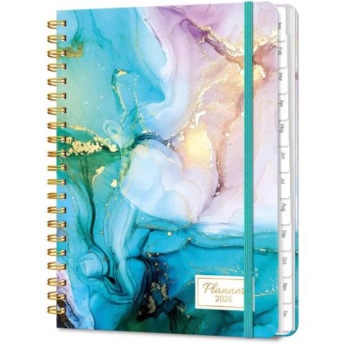 2026 Planner, A5 Weekly and Monthly Planners with Tabs, Spiral Bound Daily Calendar 2026 Planner, Agenda Organizers from Jan. to Dec., Hardcover Habit Tracker Journal 6.18 x 8.5(Cyan Marble)
