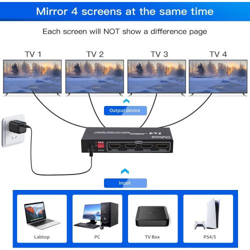 HDMI Splitter 1 in 4 Out 4K@60Hz, HDCP Bypass Support, Lossless Signal Distribution with EDID Mode, Plug and Play Multi Display Splitter for Home Office Commercial Use