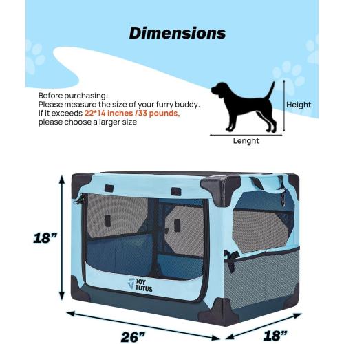 JOYTUTUS Collapsible Dog Crate, 26 Inch Portable Pet Crate for Car, Travel Dog Kennel Foldable Dog Crate for Medium Dog 44lbs, Soft Cat Carrier Fit for Indoor & Outdoor/Car Back Seat/Trunk (Blue)