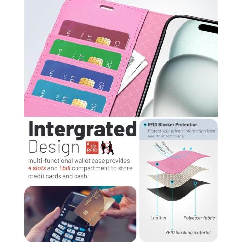 PINK OCASE Compatible with iPhone 16 Pro Max Wallet Case, PU Leather Flip Folio Case with Card Holders RFID Blocking Kickstand [Shockproof TPU Inner Shell] Phone Cover 6.9 Inch 2024, Pink