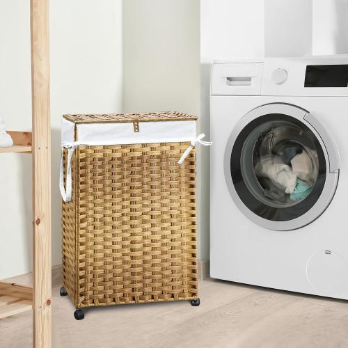 70L Slim Laundry Hamper with Lid & Wheels, 2-Park Rolling Laundry Basket with 4 Removable Liner Bags & 3 Mesh Bags, Narrow Dirty Clothes Basket, Foldable Handwoven Rattan Laundry Sorter, Natural‼️no rips tears or breaks 2 laundry hampers and accessories may be missing ‼️