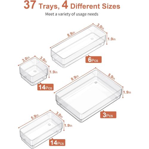 SMARTAKE 8 Piece Drawer Organizer with Non-Slip Silicone Pads, Desk Drawer Organizer Trays Storage Tray for Makeup, Jewelries, Utensils in Bedroom Dresser, Office and Kitchen (Clear)