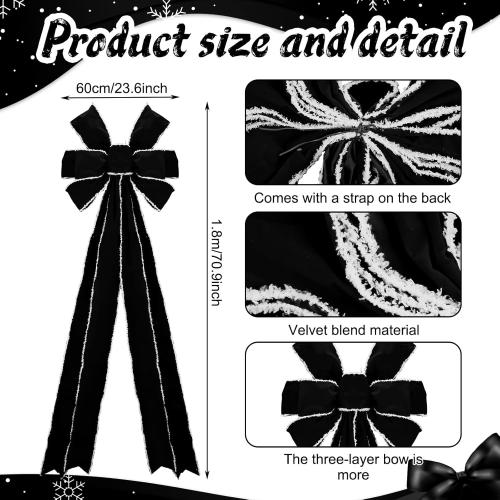Hungdao Black 71 x 24 Inch Velvet Bow Giant Christmas Tree Topper Extra Large Wreath Bow Decoration Big Ribbon Tie with White Edge for Christmas Tree Xmas Indoor Front Door Wall Accent Porch Entryway
