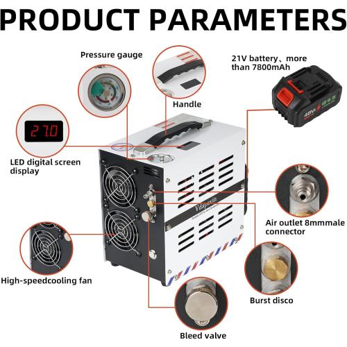 PCP Air Compressor, Auto Stop 4500Psi/30Mpa, No Oil/Water, Powered by Lithium Ion 18V Battery (Not Included) or Home 110V AC, Paintball, Air Rifle, Scuba Cylinder PCP Compressor